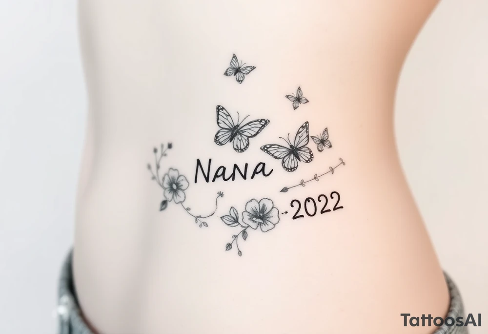 flowers and butterflies with the name “NANA” and the date “1954-2022” mixed all together on the side of the rib cage tattoo idea