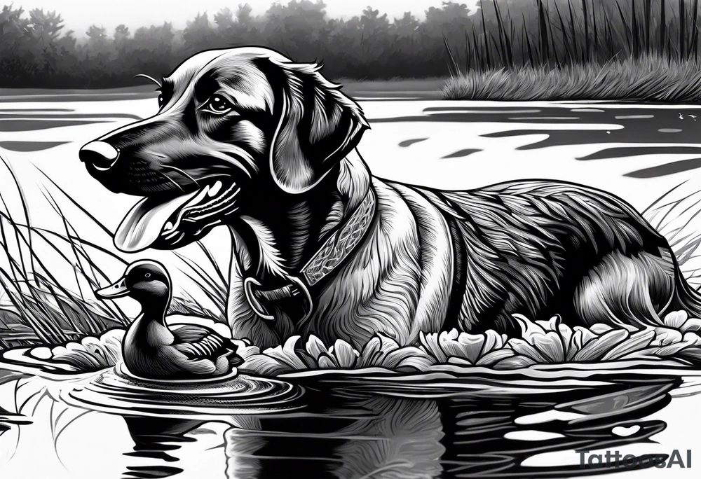 bird dog retrieving duck from marsh in its mouth tattoo idea