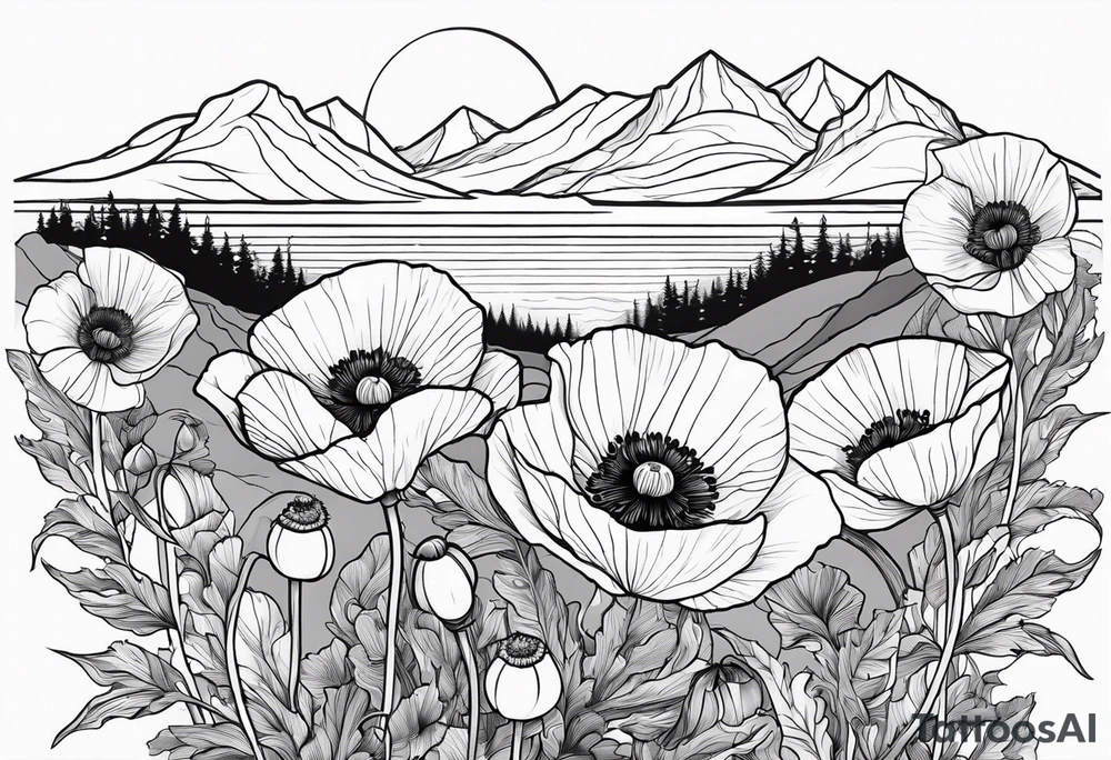 Poppy flower with colorado mountains and the ocean tattoo idea