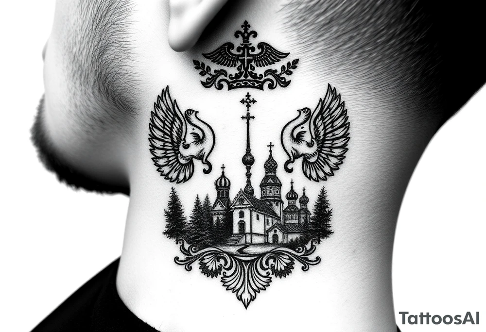 Traditional authentic Russian coat of arms with a Christian orthodox virgin marry in the middle and silhouette in a Russian wilderness Christian orthodoxy dome church village setting on the side of my neck tattoo idea