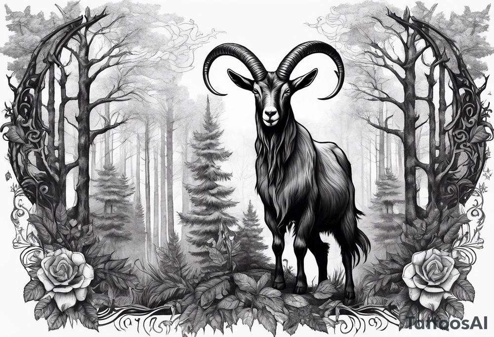 Satanic goat with horns (full body) in a forest with a pentagram in it’s forehead tattoo idea