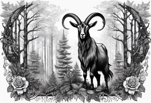 Satanic goat with horns  (full body) in a forest with a pentagram in it’s forehead tattoo idea