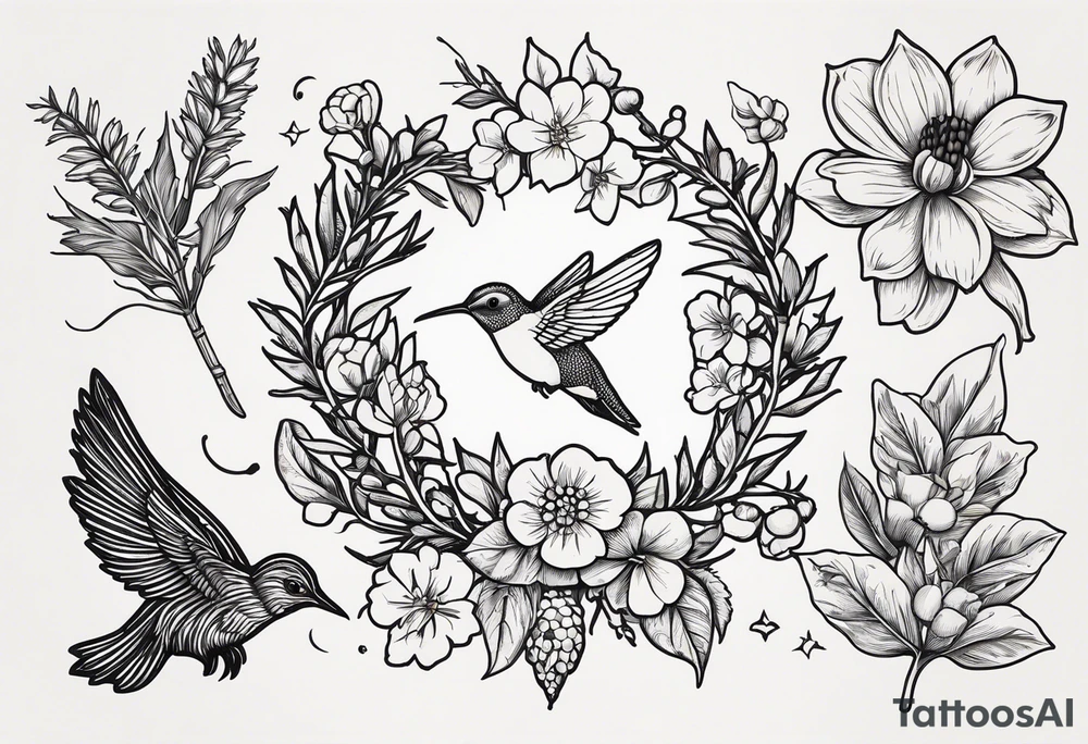 Hops, Rosemary, Thyme, Sage, Juniper, Corn, Wheat, Rose, Sunflower, Cherry blossom, Apple blossom, Honeycomb, Maple leaves, Violet/primrose, Carrot, Cherry, Apple/apple core, Acorns

Hawk, Lightbulb, Hummingbird tattoo idea