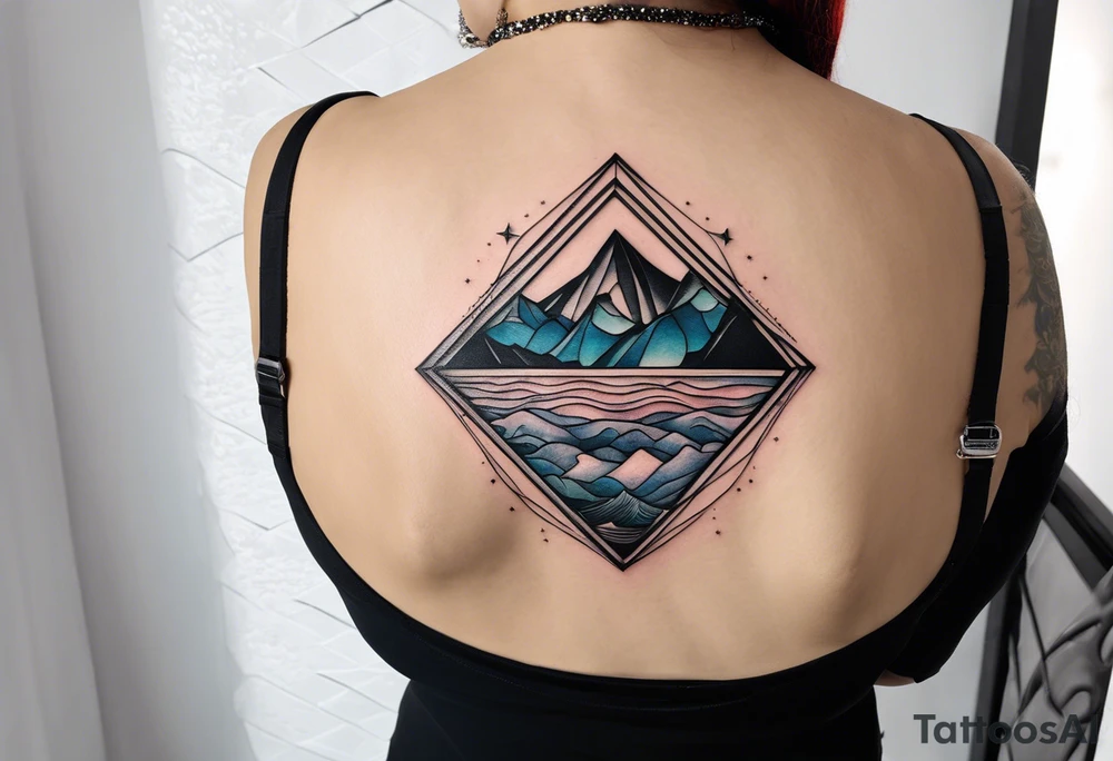 Übersetzter Text
tattoo fineline style, black, no fill, säntis mountain massif, water wave, a large semi-circle with two small colored stars frames the mountain peak, an open diamond as a geometric shape with dashed lines surrounds everything with the water overhanging the diamond, tattoo idea