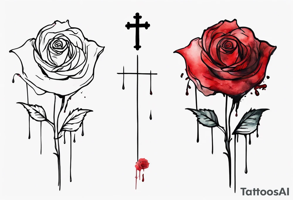 rose flower, one line, red blood dripping from the flower, tall, watercolor, with a small
 Christian cross as the stem tattoo idea