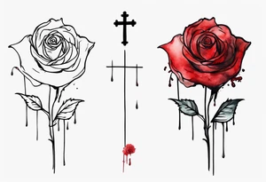 rose flower, one line, red blood dripping from the flower, tall, watercolor, with a small
 Christian cross as the stem tattoo idea