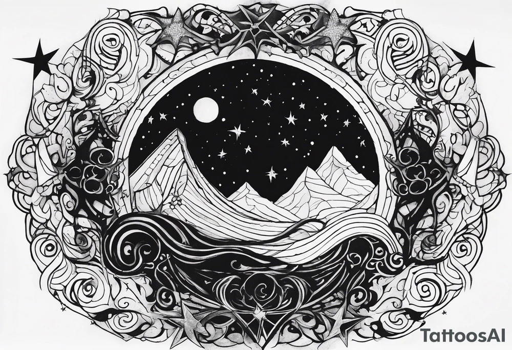Shoulder piece. Black in the middle with swirly lines around. Witchy, gothic, Starry Night esque but more black and more creepy, romantic goth vibes tattoo idea