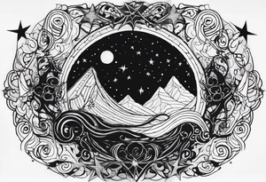 Shoulder piece. Black in the middle with swirly lines around. Witchy, gothic, Starry Night esque but more black and more creepy, romantic goth vibes tattoo idea