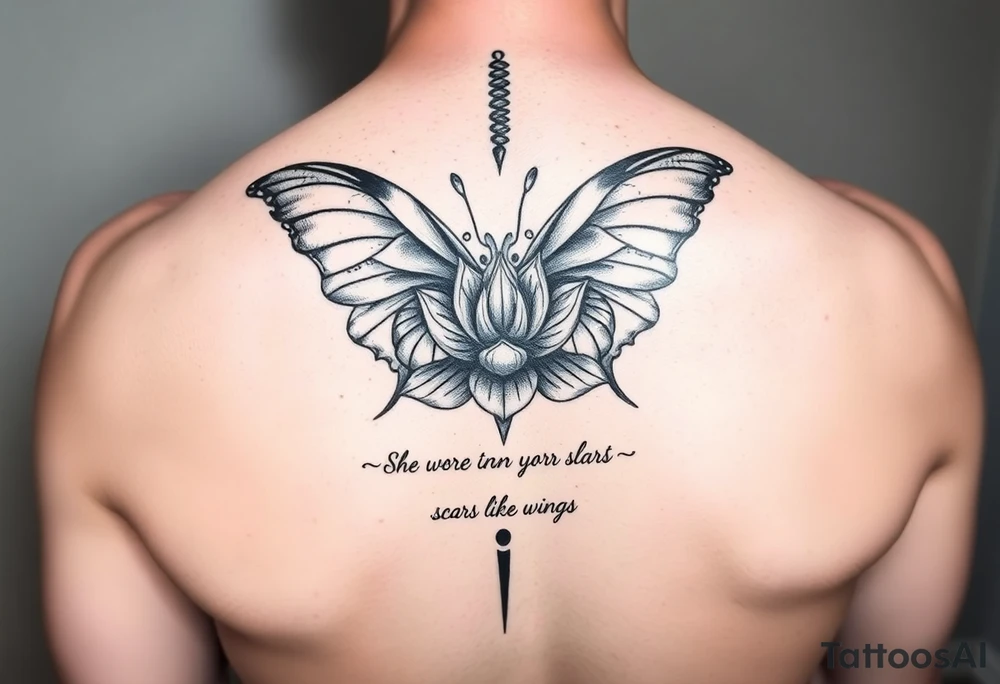 Spine tattoo that has a butterfly with cracked wings and lotus flower with quote that says she wore her scars like wings tattoo idea