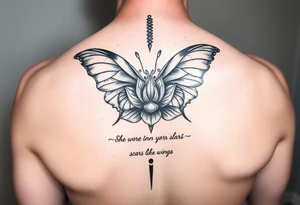 Spine tattoo that has a butterfly with cracked wings and lotus flower with quote that says she wore her scars like wings tattoo idea