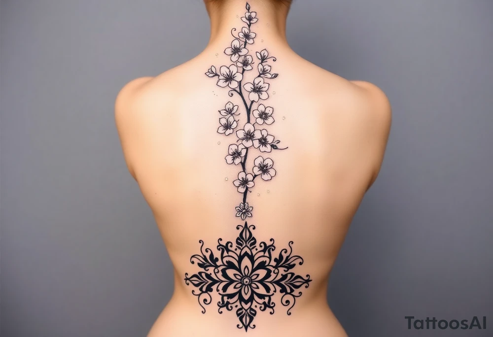 A detailed and elegant tattoo design for the spine, incorporating a vertical flow of cherry blossoms with delicate petals and branches. The lower back features symmetrical ornamental elements inspired by tribal and decorative patterns, seamlessly blending into the floral motif. The design uses fine linework, intricate dotwork, and soft curves that follow the natural contours of the body, creating a feminine and cohesive piece. The overall aesthetic is balanced, with a mix of bold ornamental elements at the lower back and light, airy floral accents along the spine. tattoo idea