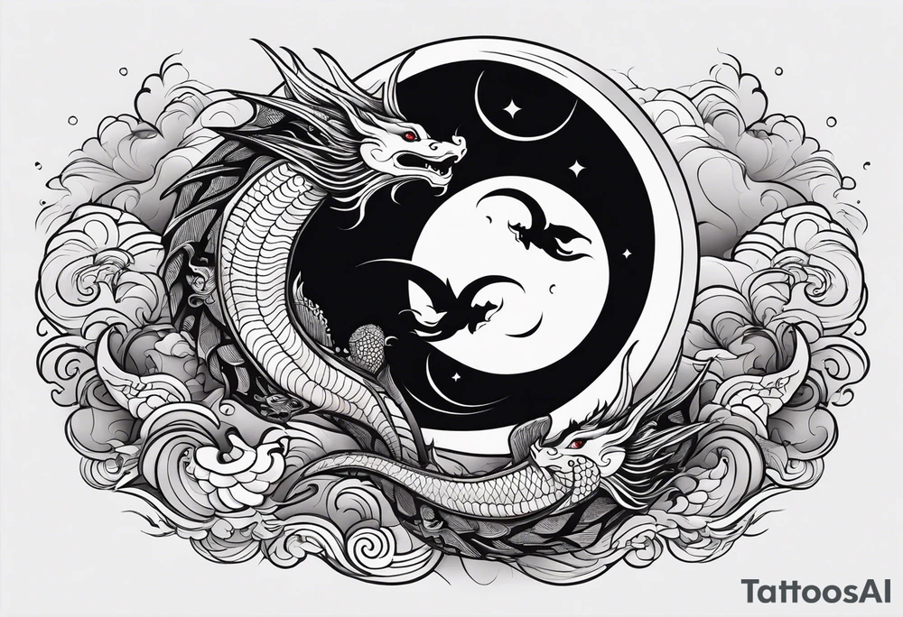 Small simple dragons fying over crescent moon which is on top of abstract ocean surface and 1 japanese koi fish with abstract smoke, and whole tattoo has a trippy feel tattoo idea