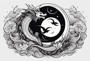 Small simple dragons fying over crescent moon which is on top of abstract ocean surface and 1 japanese koi fish with abstract smoke, and whole tattoo has a trippy feel tattoo idea