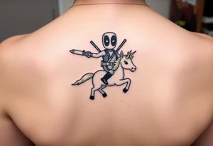Deadpool riding unicorn pointing rocket propelled grenade launcher tattoo idea