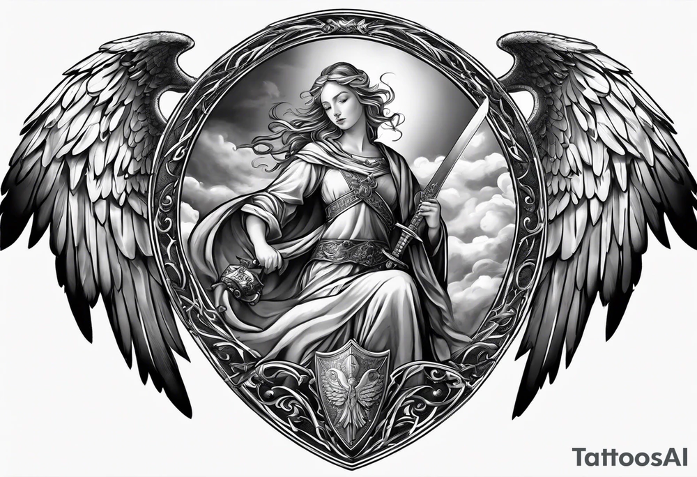 Angels with sword & Shield in sky tattoo idea