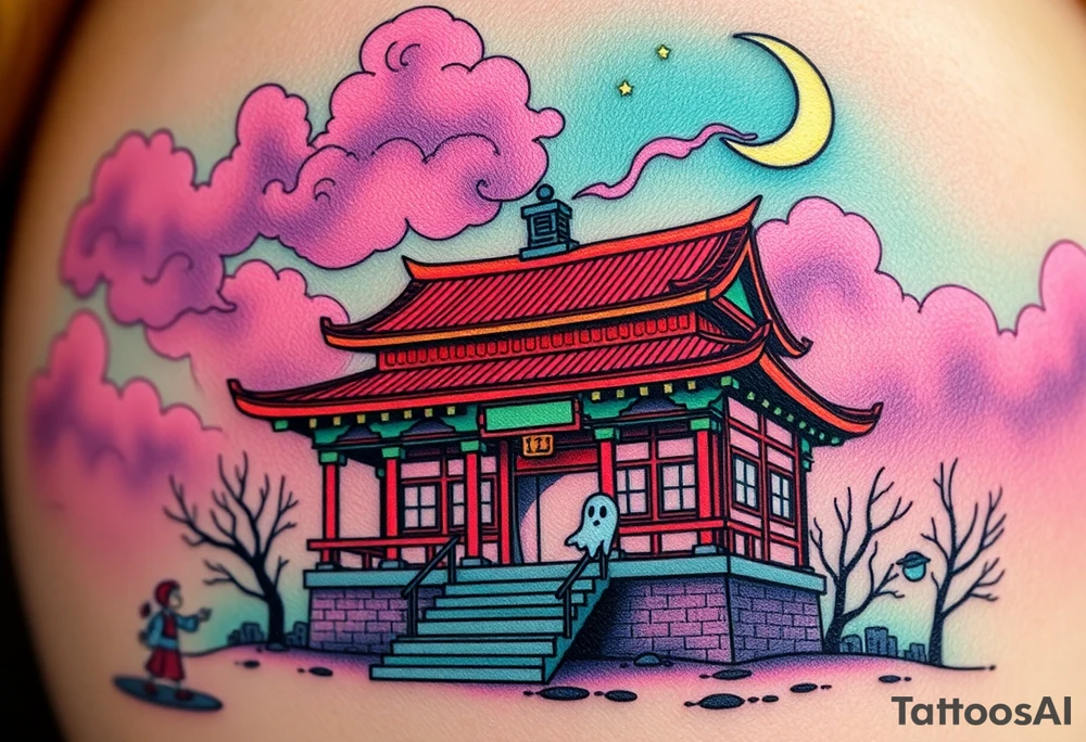 Tim Burton’s haunted pastel Tokyo shrine is abandoned except for one lone samurai ghost and dripping with muted reds, dusty pinks, and eerie green glow.purple and cyan smokey clouds swirl in the crescent moonlit sky thats sprinkled with stars tattoo idea tattoo idea