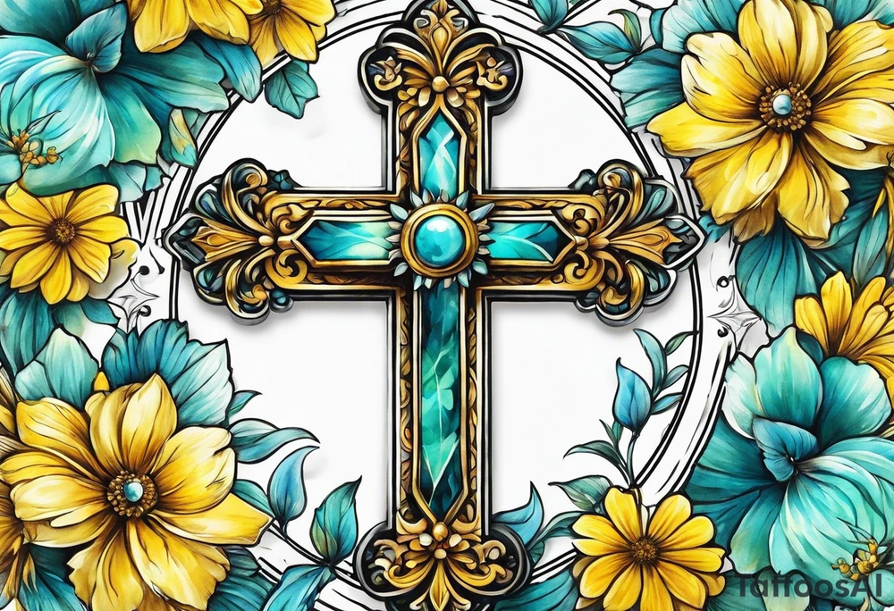 Winged cross surrounded by yellow and aqua flowers tattoo idea