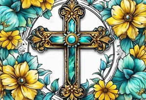 Winged cross surrounded by yellow and aqua flowers tattoo idea