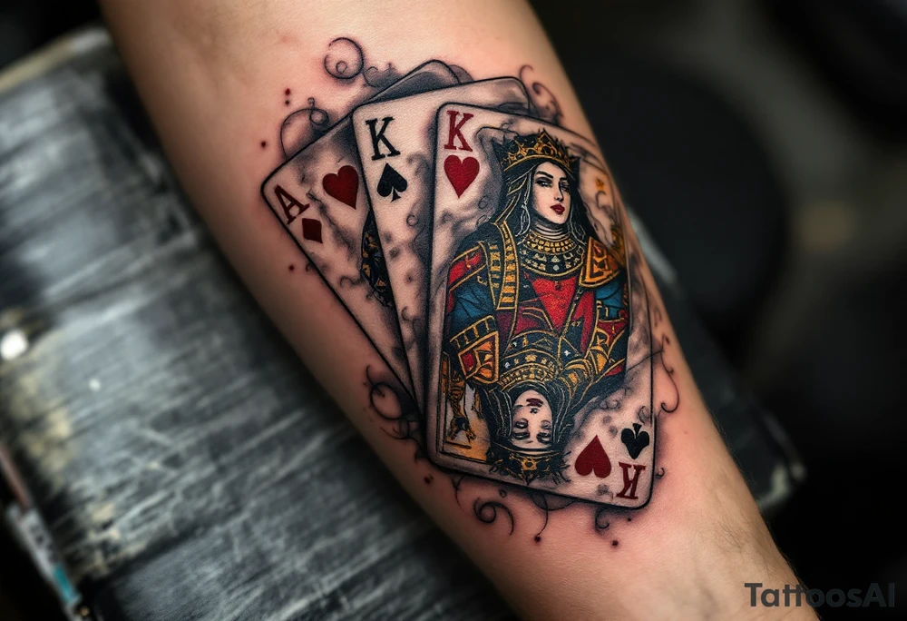 A playing cards tattoo showing the ace of spades, queen of hearts, and king of clubs fanned out in rich black, deep red, and golden-yellow ink, with realistic card textures, subtle shadowing, and faint smoky wisps curling around the edges for a dramatic, high-stakes vibe. tattoo idea