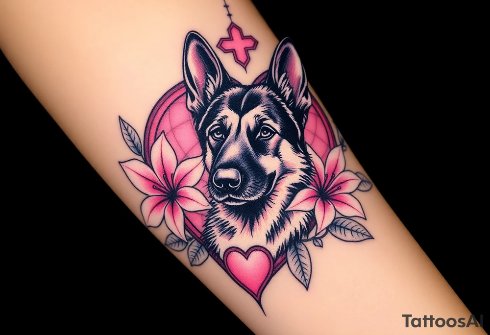 strong looking short haired german shepherd with alert ears surrounded by pink lilies with large leaves in front of a sacred heart tattoo idea