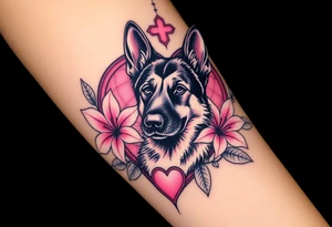 strong looking short haired german shepherd with alert ears surrounded by pink lilies with large leaves in front of a sacred heart tattoo idea