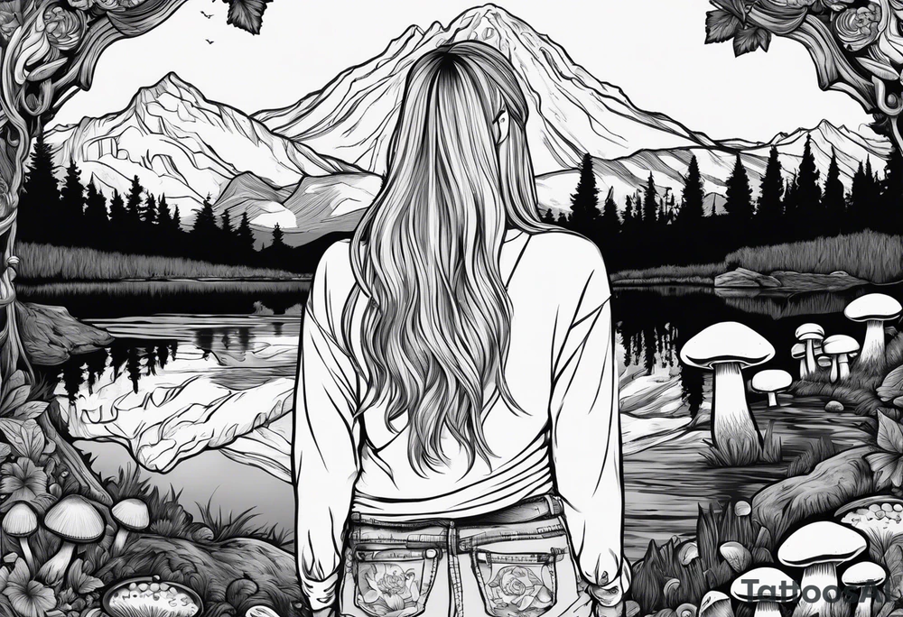 Whole picture encircled fully

Straight long blonde hair hippie girl in distance holding mushrooms in hand facing away toward mountains and creek surrounded by mushrooms long sleeve shirt and hiking pants; whole rendering within a full circle, no cut off circle tattoo idea