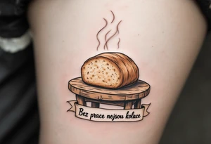 "Bez prace nejsou kolace." — A traditional loaf of bread steaming over a rustic table, inked in sepia tones, with the quote in banner style underneath. tattoo idea