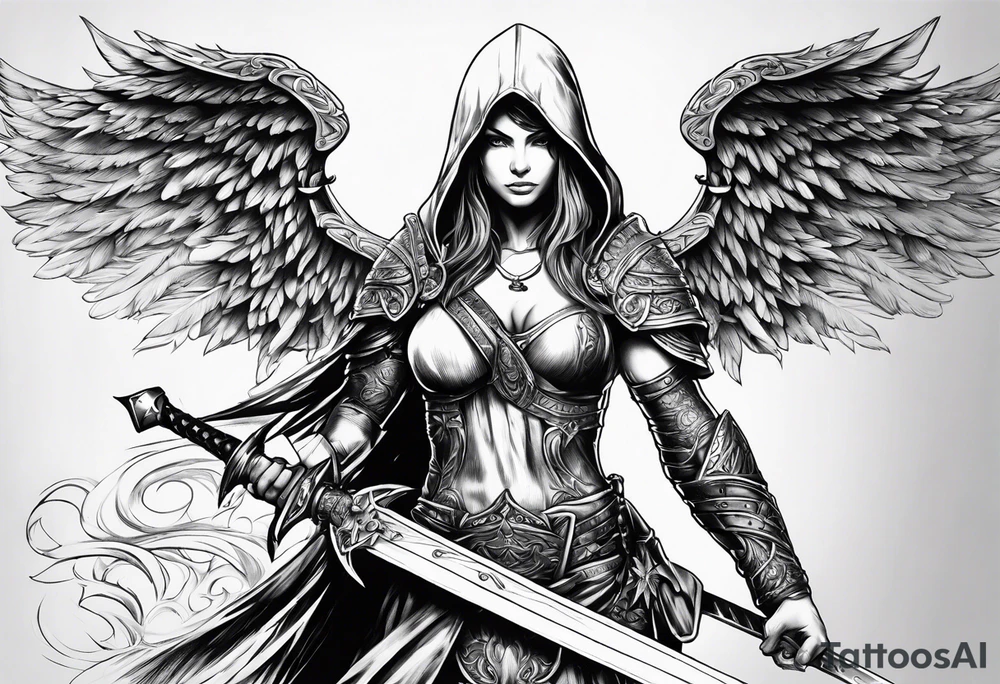 Arch angel hood fighting sword tattoo idea