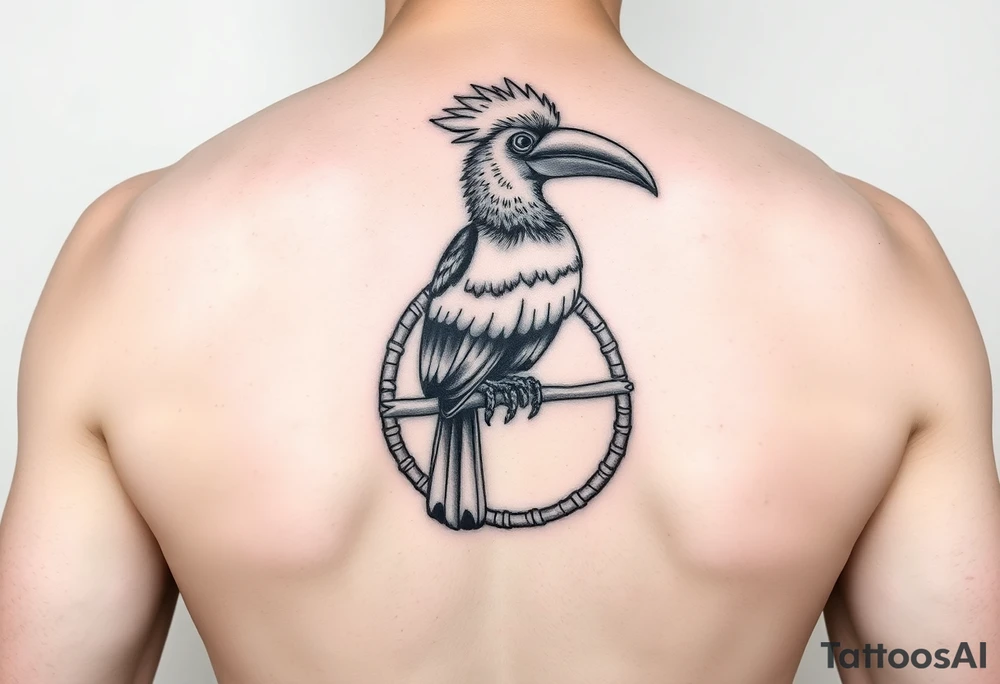 image of a Kalimantan ivory hornbill perched on a rattan woven circle tattoo idea