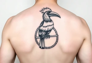 image of a Kalimantan ivory hornbill perched on a rattan woven circle tattoo idea