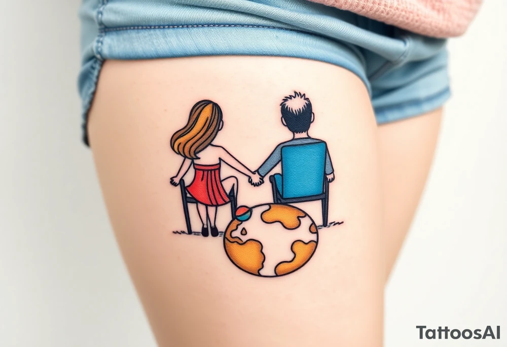 Two people holding hands, sitting in beach chairs, sitting on and planet tattoo idea