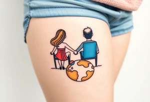 Two people holding hands, sitting in beach chairs, sitting on and planet tattoo idea