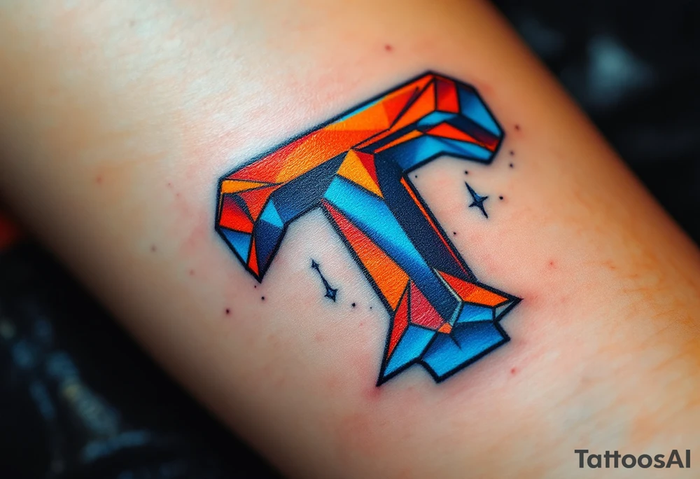 A graffiti-style "T" in bright orange and electric blue with sharp angles. tattoo idea