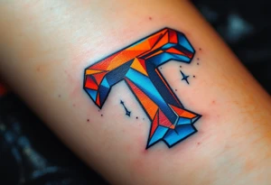 A graffiti-style "T" in bright orange and electric blue with sharp angles. tattoo idea