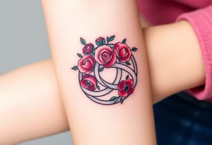 Celtic Trinity knot with a flower crown going through it made out of tiny maroon and blush pink colored roses tattoo idea