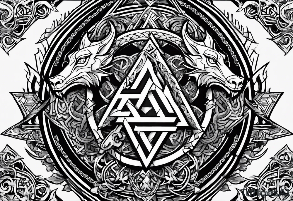 Valhalla sword shield dragon axe Valknut barbed wire chains tribal tattoo idea Valhalla sword shield dragon axe Valknut barbed wire chains tribal tattoo idea