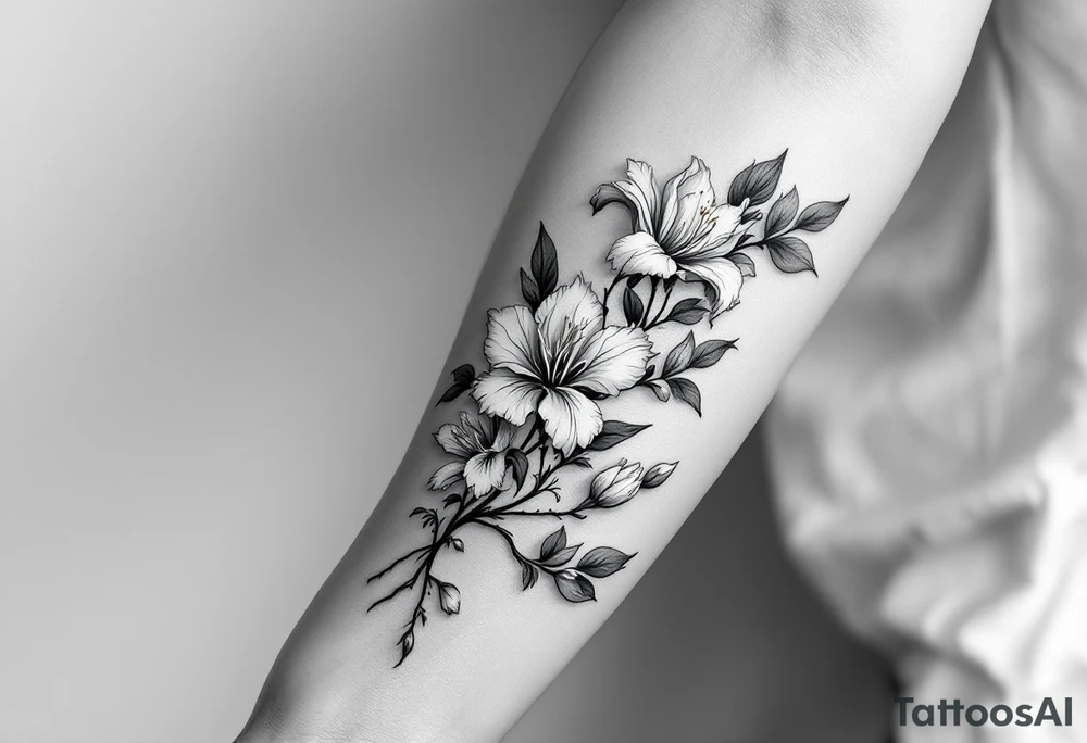 on forearm with Irises flowers, cherry blossom tattoo idea