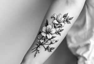 on forearm with Irises flowers, cherry blossom tattoo idea