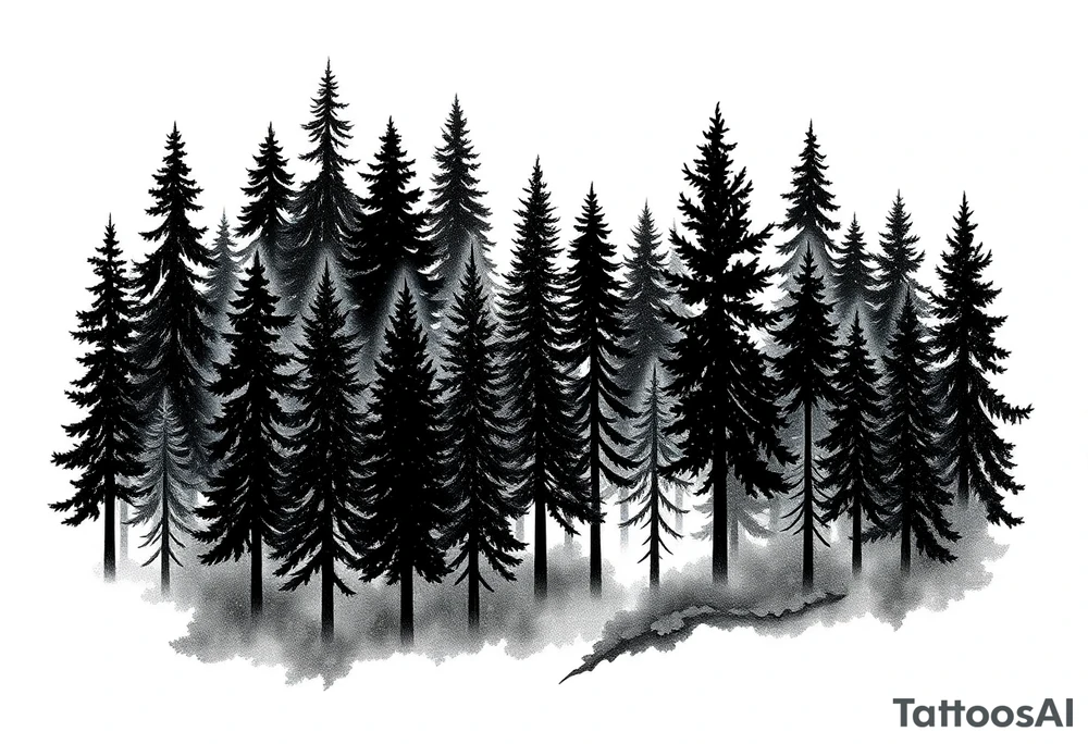 Coniferouse forest silhouette with black and gray trees tattoo idea