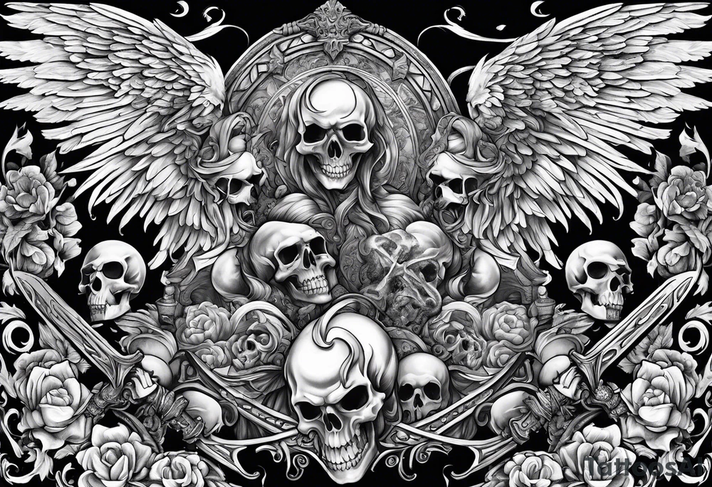 Angels fighting demons over fire with skulls in the background tattoo idea