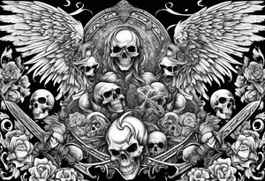 Angels fighting demons over fire with skulls in the background tattoo idea