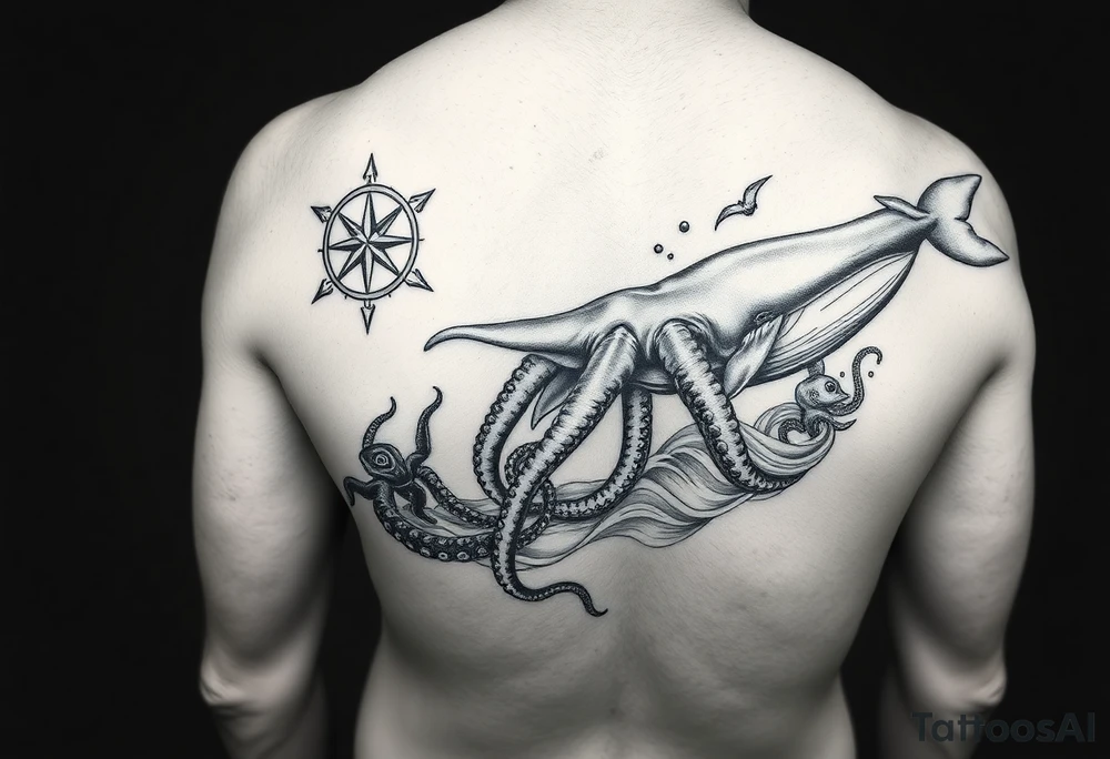 black and grey realistic full arm sleeve consisting of Compass Rose on the inner forearm as a focal point with loggerhead Turtles Swimming along the forearm, an Octopus Wrapping its tentacles around the arm,  a large whale gliding through the bicep area, and waves acting as the background to tie everything together. tattoo idea