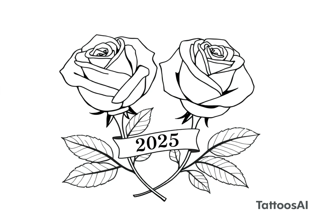 two beautiful large rose buds, one larger than the other, with many leaves next to the rose buds, with one sitting higher than the other. Include a banner connecting the two roses with the year 2025 on it.   Use dark outlines with little shading. The two stems should be short, not long, and connect and join into one stem, whimsically curved or twisted - not straight down. tattoo idea