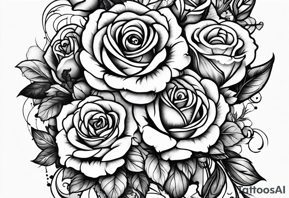 Tattoo thigh peice with Roses and flowers With nursing and hunting and cows and bulls and fishing and love and church. tattoo idea