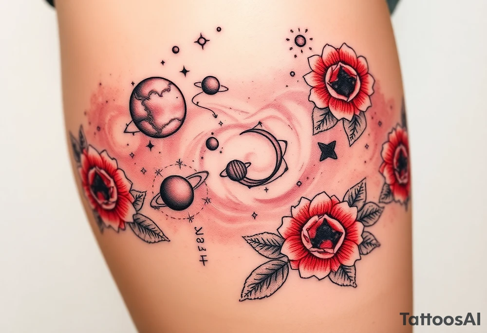 Milky way galaxy with planets with zodiac symbols and protection runes in it with red roses and sunflowers tattoo idea