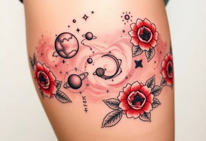 Milky way galaxy with planets with zodiac symbols and protection runes in it with red roses and sunflowers tattoo idea