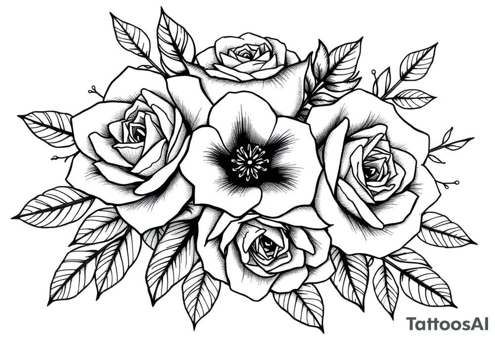 roses and wildflowers bouquet tattoo idea