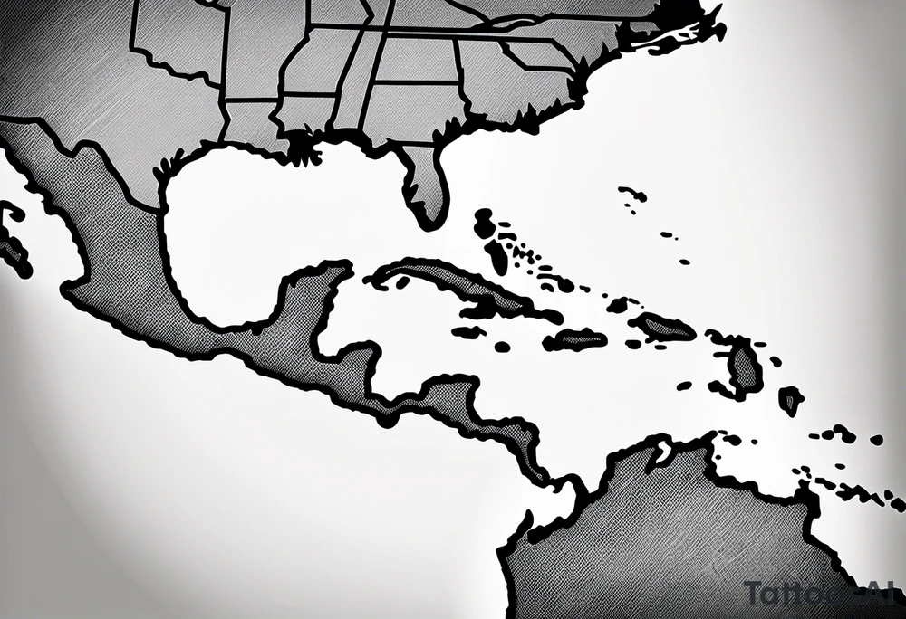 Map of the eastern Caribbean islands with an ocean view of the island mountains across the sea in the background tattoo idea