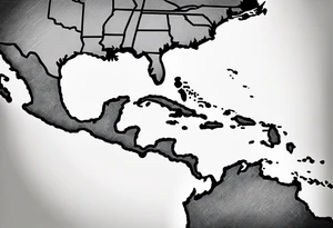 Map of the eastern Caribbean islands with an ocean view of the island mountains across the sea in the background tattoo idea