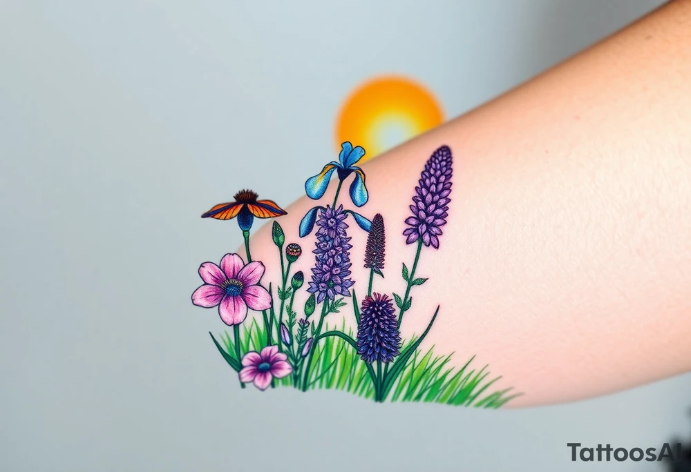 a bunch of cutleaf coneflower, blue flag iris, bee balm, obedient plant, purple coneflower on a hill with grass with a beautiful sunset tattoo idea